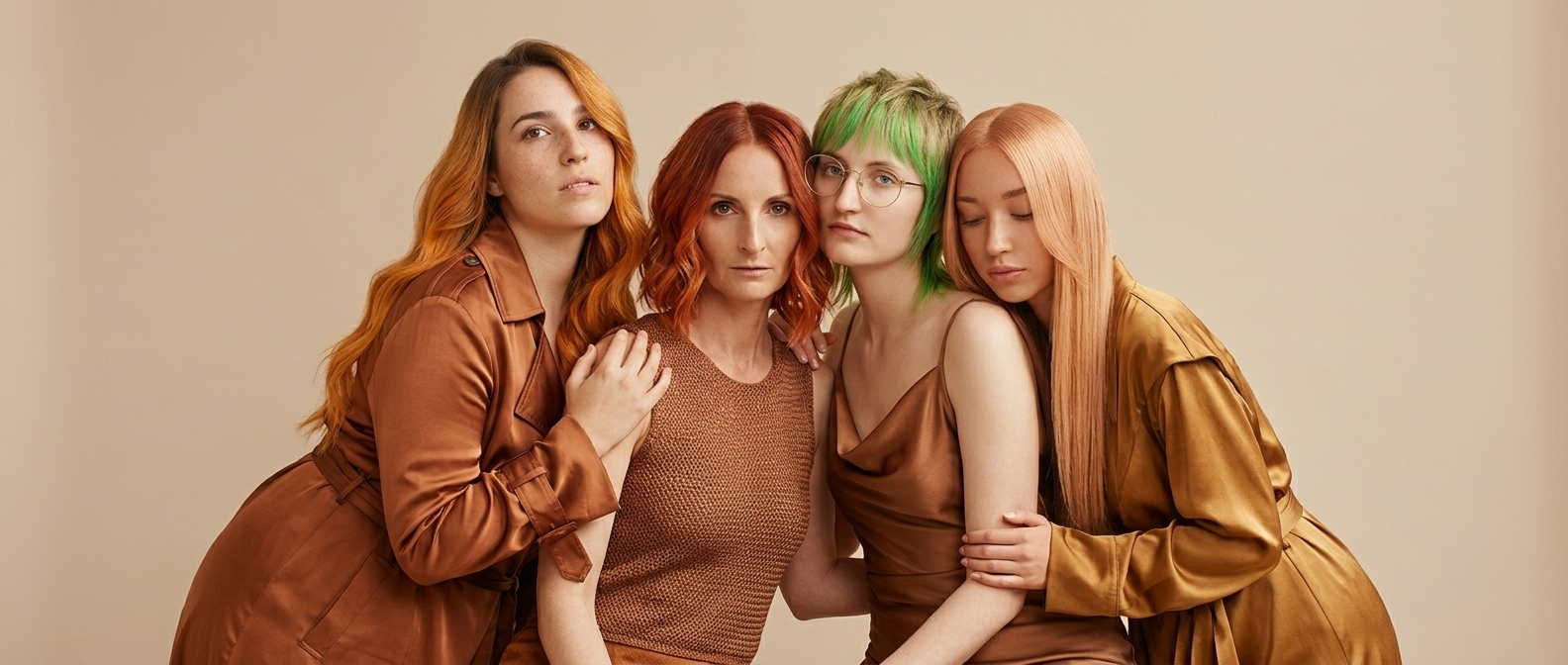 Four models showcasing vivid copper, red, green pixie-cut, and rose-gold hair colour by Abi Clark, hair colourist West Sussex