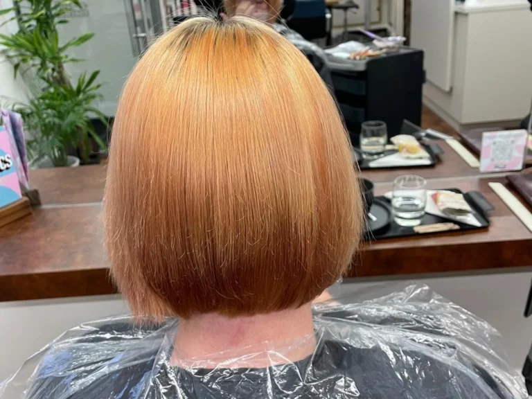 Copper blunt bob haircut in the salon, colour by Abi Clark, Horsham, West Sussex