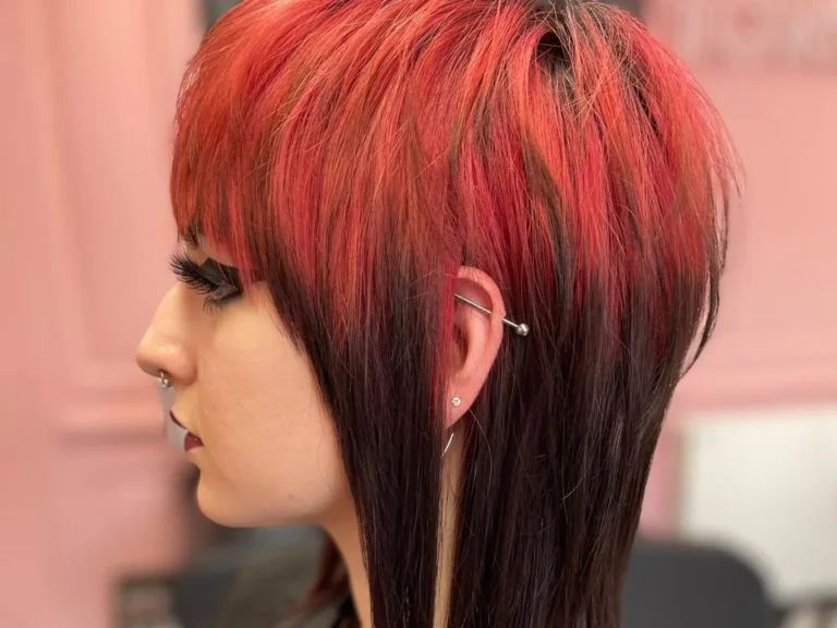Shag cut with fringe in red and pink, colour by Abi Clark, Horsham, West Sussex