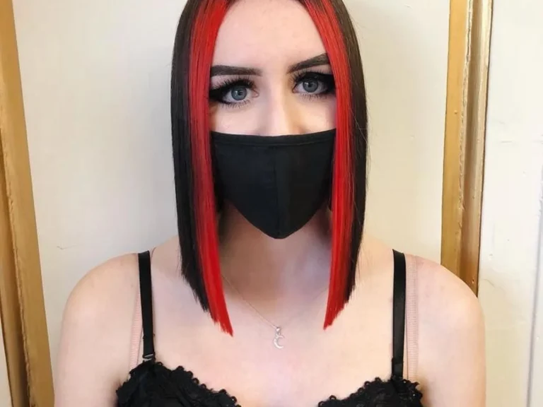 Bob haircut with vivid red money piece colour by Abi Clark, Horsham, West Sussex