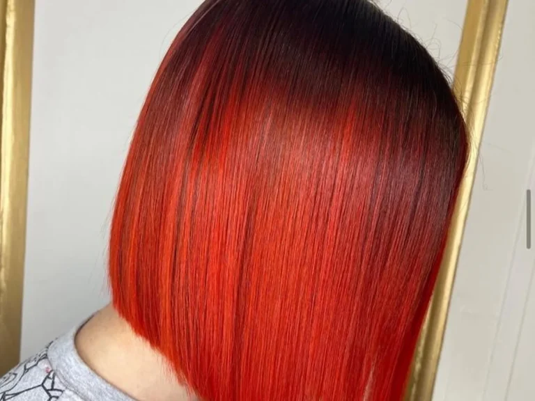 Sleek blunt bob in vivid red, hair colour by Abi Clark, Horsham, West Sussex